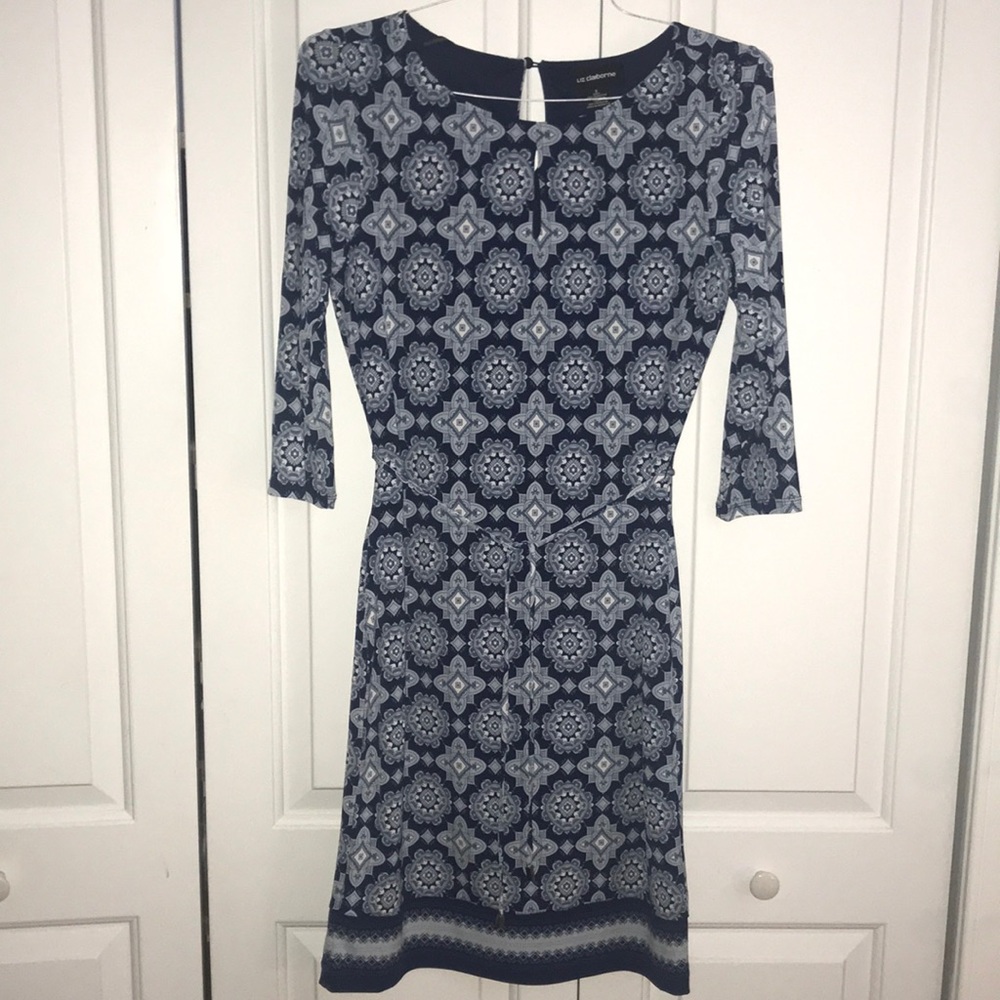 Blue Patterned Long Sleeve Dress